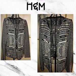 H&M BLACK AND WHITE WOVEN OPEN FRONT CARDIGAN~100% COTTON KNIT~MEDIUM